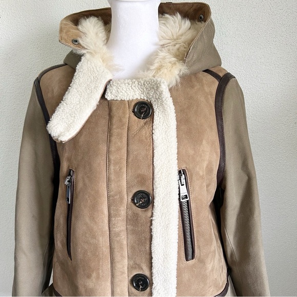Burberry Shearling Wool Tan Beige Brown Suede Coat Jacket Size 6 - Picture 5 of 16